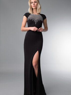 D6937L Crystal Embellished Evening Gown - Black